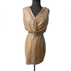 Tadashi Shoji Gold Sequin Cocktail Dress Removable Crystal Belt Size M Gatsby